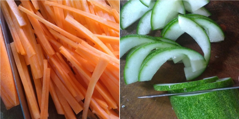 Cà rốt bào sợi và dưa leo cắt lát