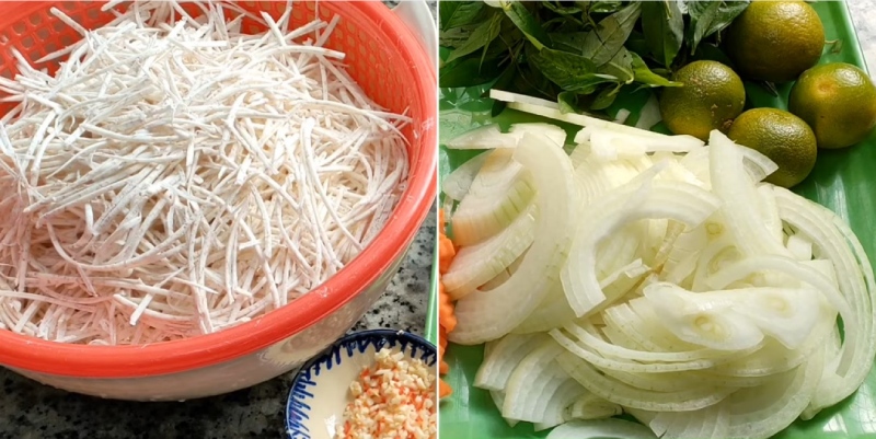 Khoai môn bào sợi và hành tây thái mỏng