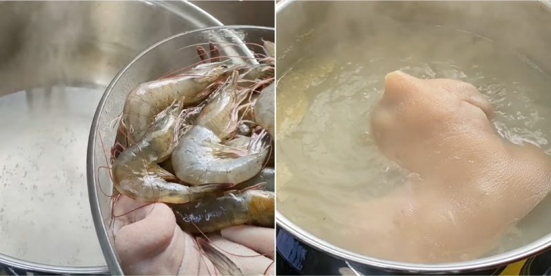 Luộc tôm và mũi heo