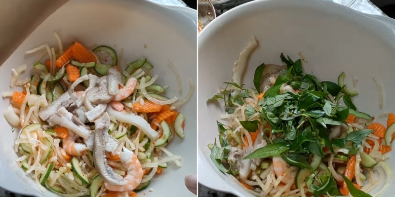 Trộn gỏi tôm tai heo với rau củ