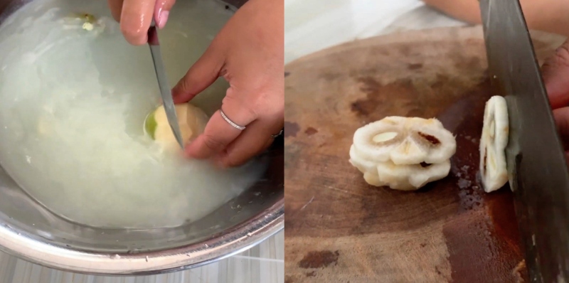 Gọt và cắt măng cụt non ngâm nước muối loãng