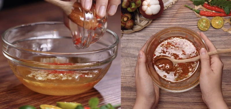 Pha nước mắm chua ngọt trộn gỏi măng cụt tôm thịt