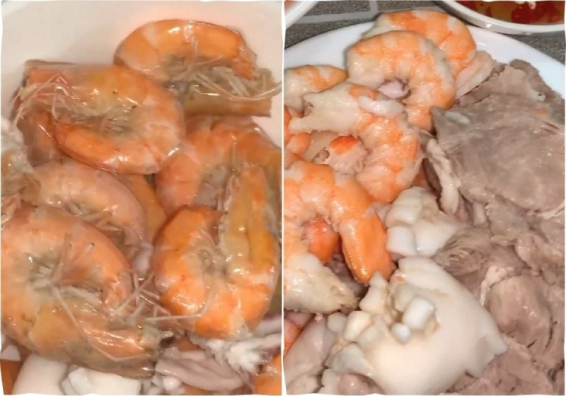Tôm và thịt luộc chín, cắt vừa ăn
