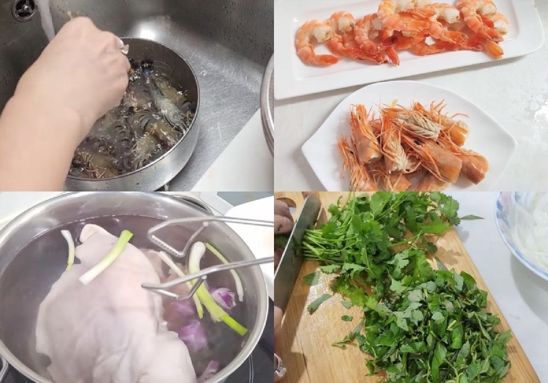 Luộc tôm thịt và cắt nhỏ rau thơm
