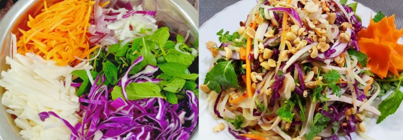 Công đoạn trộn gỏi ngũ sắc tôm thịt