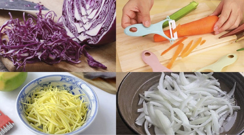 Sơ chế rau củ làm gỏi ngũ sắc tôm thịt gồm cà rốt, bắp cải, rau thơm