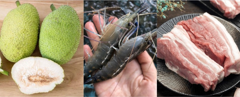 Nguyên liệu làm gỏi sake gồm sake, tôm và thịt ba chỉ