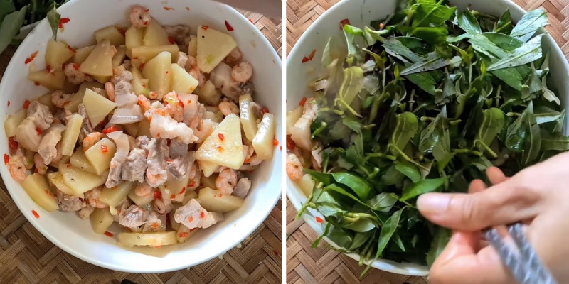 Thêm rau thơm vào tô trộn gỏi sake tôm thịt