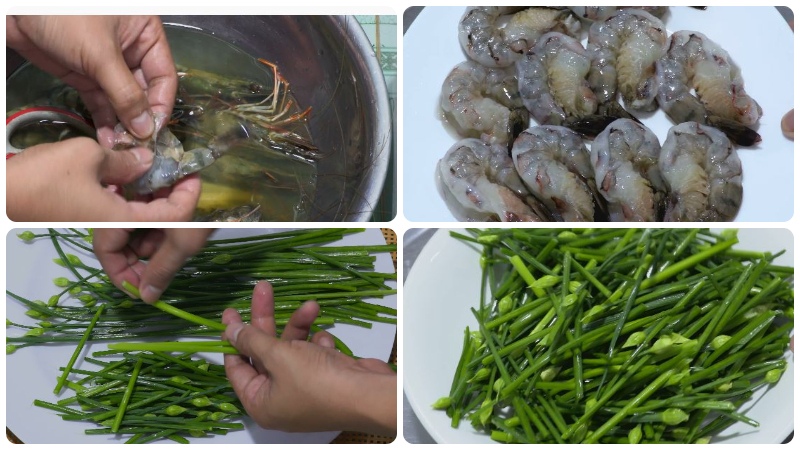 Sơ chế tôm và làm sạch bông hẹ
