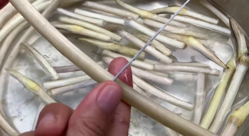 Tước vỏ và cắt ngó sen thành khúc