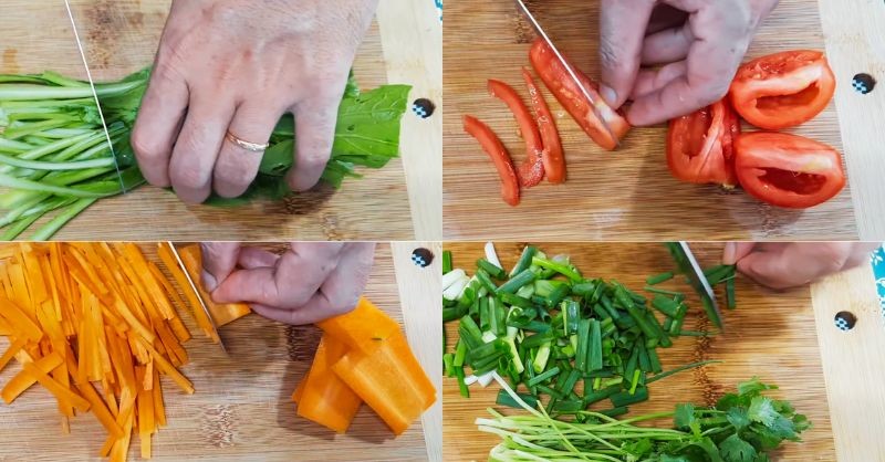 Sơ chế rau củ làm nui xào tôm