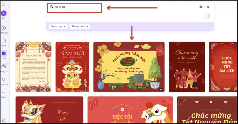 Tìm kiếm các mẫu thiệp Tết trên Canva