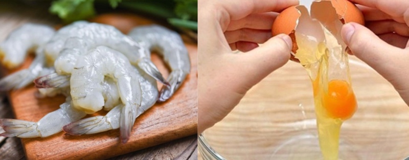 Tôm tươi đã lột vỏ và đập trứng gà chuẩn bị chiên cốm
