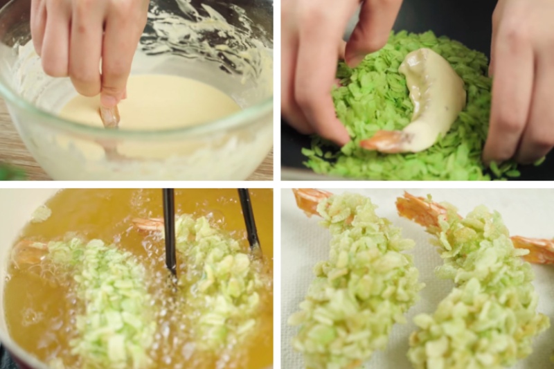 Lăn tôm qua bột, trứng, cốm xanh rồi thả vào chảo dầu