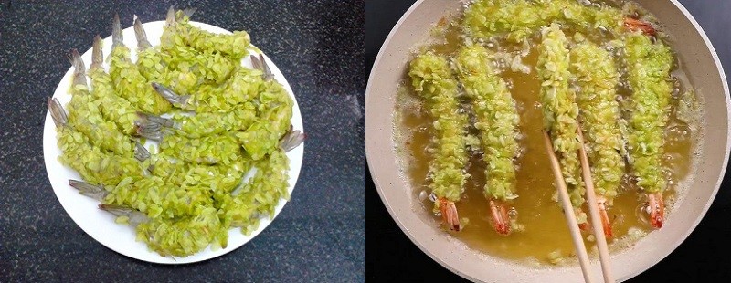 Tôm lăn cốm chuẩn bị chiên giòn trong chảo dầu nóng