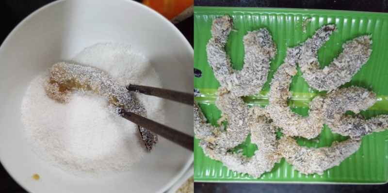 Lăn tôm qua dừa nạo sợi để tạo lớp vỏ giòn xốp khi chiên
