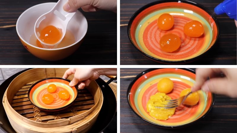Hấp và dằm nhuyễn lòng đỏ trứng muối làm sốt hoàng kim