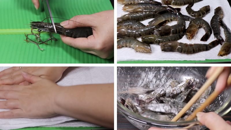 Sơ chế tôm cắt râu, lột vỏ và làm sạch trước khi chiên