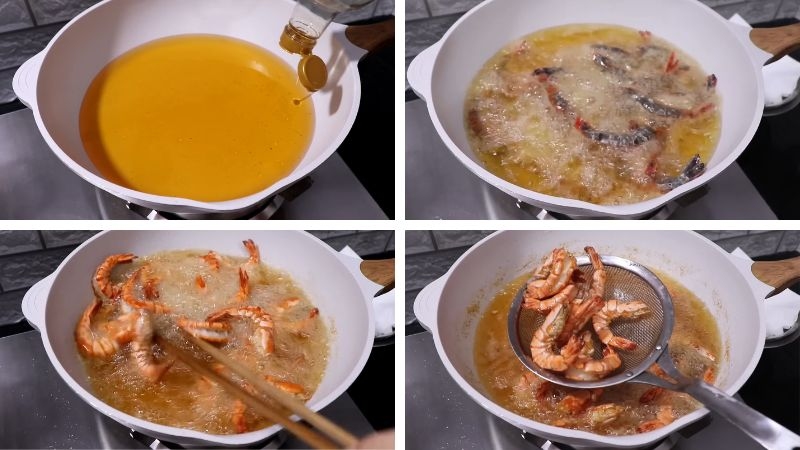 Chiên tôm trong dầu nóng rồi áo đều sốt trứng muối hoàng kim