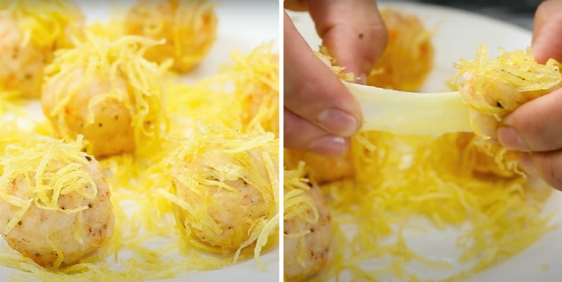 Tôm viên chiên phô mai sợi giòn ngon, kéo sợi phô mai dai