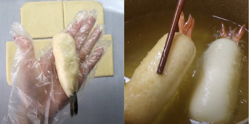 Cuộn tôm và phô mai bằng bột mì, chiên giòn vàng đều