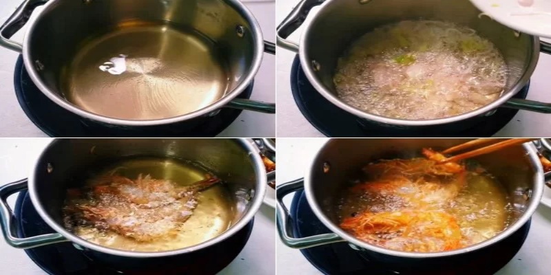 Chiên tôm với sả trong dầu nóng