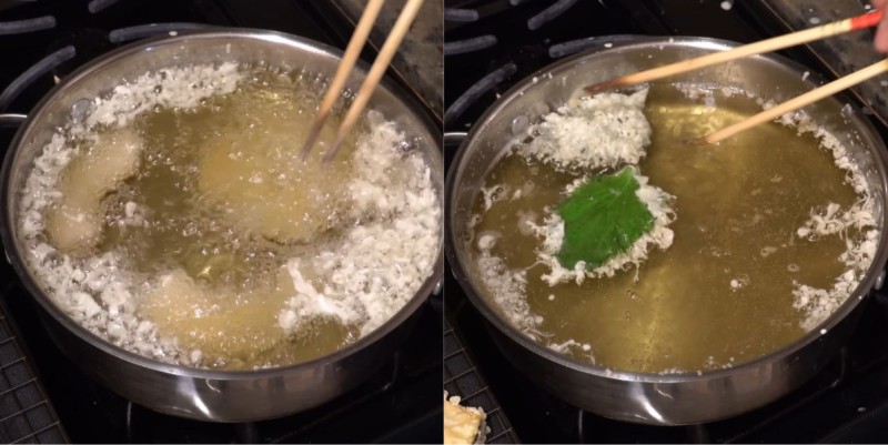 Chiên tôm và rau củ Tempura trong chảo dầu nóng, giòn tan