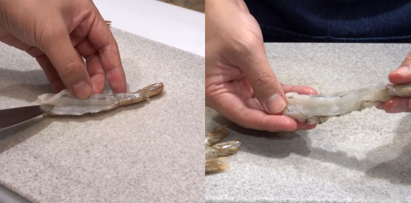 Sơ chế tôm, khía bụng và làm thẳng con tôm Tempura