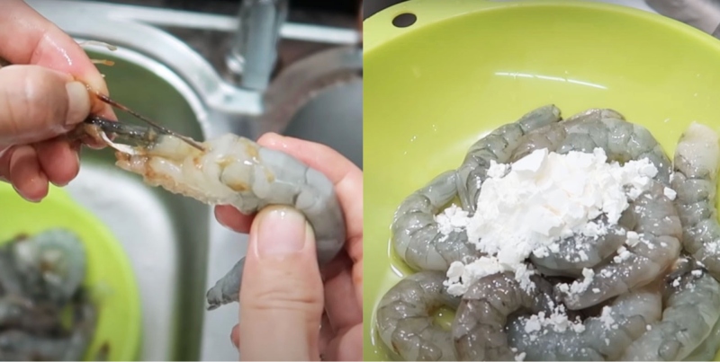 Sơ chế tôm, bóc vỏ và làm sạch bằng bột năng trước khi chế biến