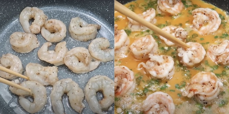 Tôm chiên qua dầu nóng và sau đó cho trứng vào chiên cùng