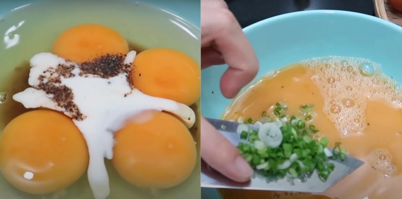 Đánh trứng và cho hành lá vào để tạo hương vị thơm ngon