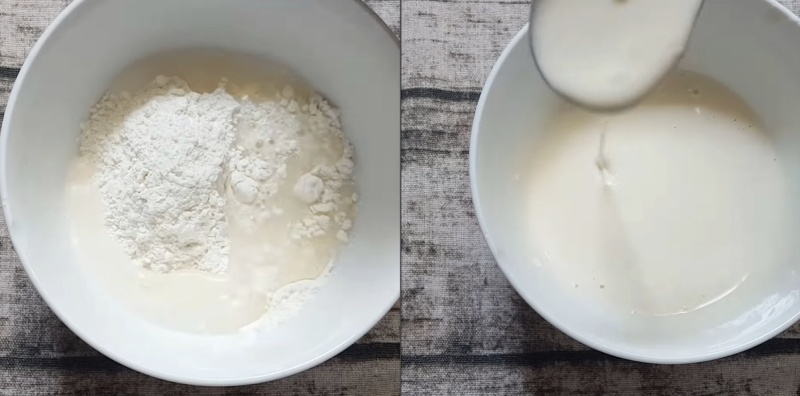 Pha bột chiên giòn sánh mịn để áo tôm cuộn khoai tây trước khi chiên