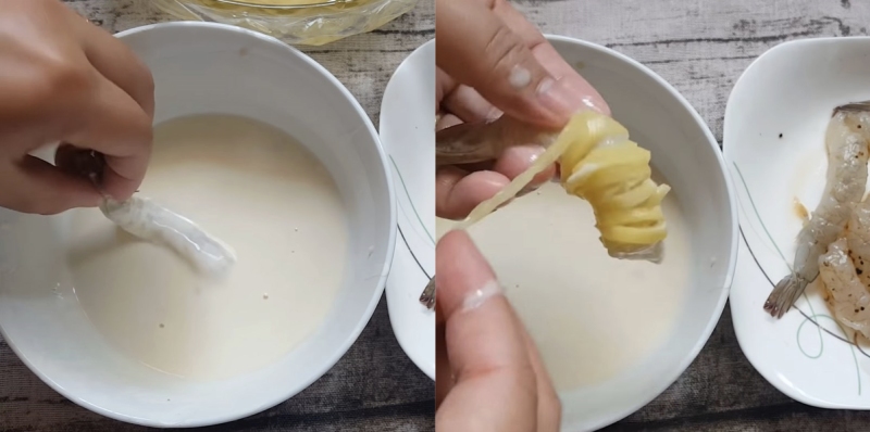 Cuộn khoai tây sợi quanh thân tôm đều tay để chiên giòn đẹp mắt