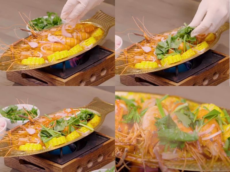 Trình bày tôm hấp Thái với bắp và rau thơm