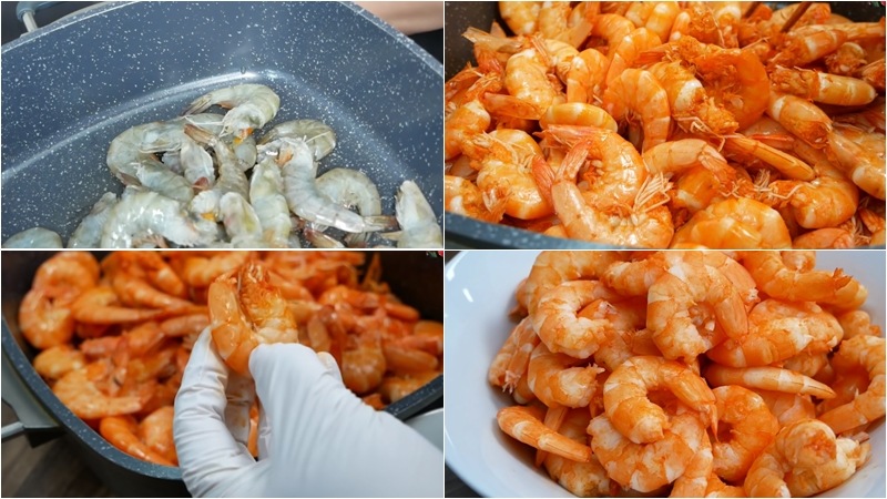 Tôm cho vào chảo chống dính rang đến khi chuyển màu