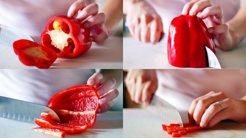 Ớt chuông đỏ bổ đôi, bỏ hạt