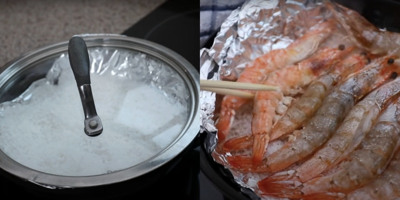 Xếp tôm lên lớp muối hột, chuẩn bị nướng chín