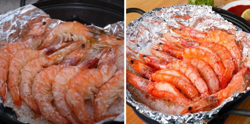 Tôm nướng muối hột bằng nồi, lớp vỏ đỏ au, muối bám đều đẹp mắt