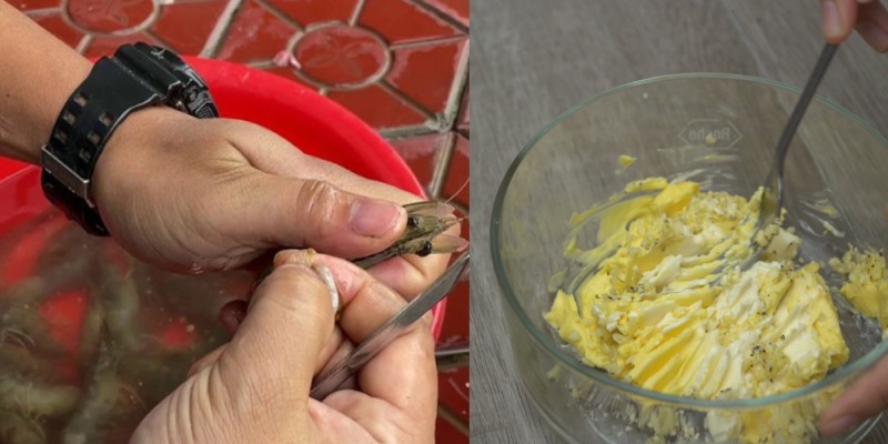 Công đoạn tách vỏ tôm để làm món nướng phô mai