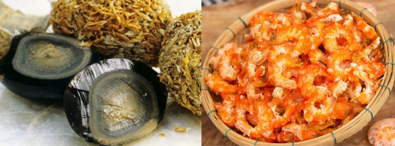 Nguyên liệu trứng bắc thảo và tôm khô làm món trộn củ kiệu ngày Tết