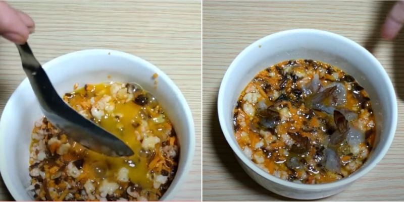 Rưới trứng lên nhân tôm