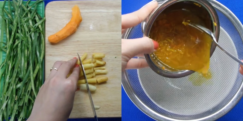 Lọc nước nghệ để tạo màu và mùi cho nước dùng bún cá lóc