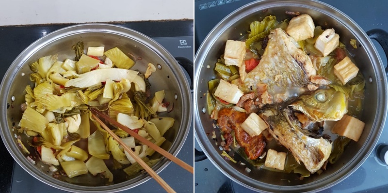 Kho cá chép với dưa chua trong nồi