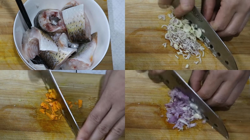 Ướp cá chép và băm nhuyễn gia vị ướp