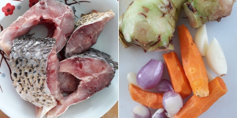 Cá chép tươi cắt khúc và nghệ riềng gọt vỏ