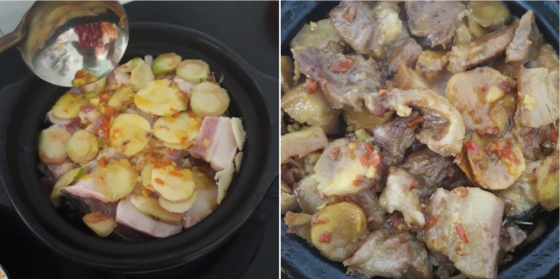 Xếp cá và nguyên liệu vào nồi kho