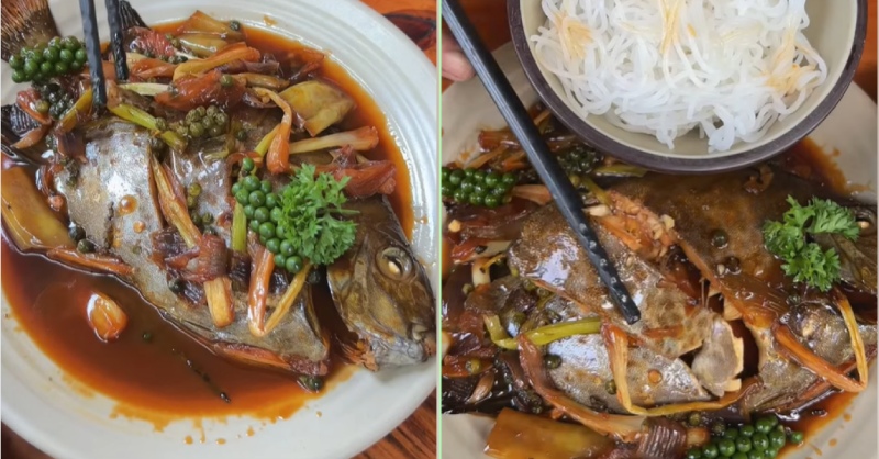 Cá dìa kho tiêu xanh ăn cùng bún tươi