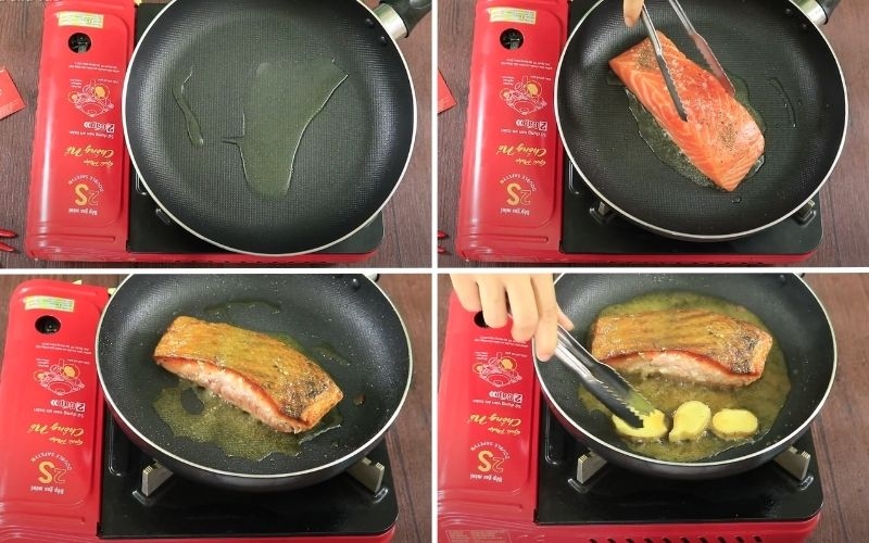 Áp chảo cá hồi vàng đều hai mặt trong cách nấu cá hồi sốt teriyaki