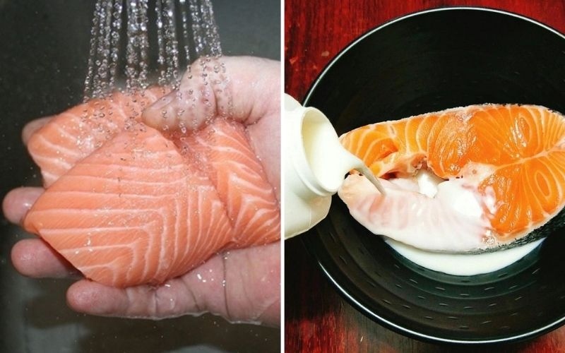 Rửa cá hồi dưới vòi nước để làm sạch trước khi chế biến sốt teriyaki
