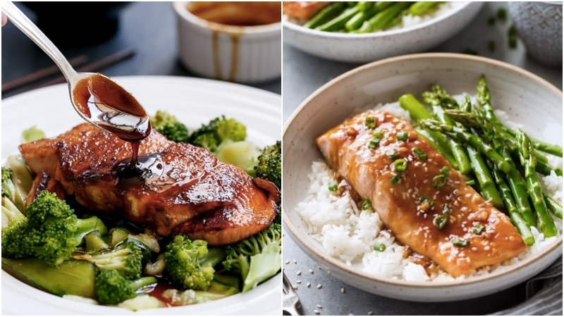 Cá hồi sốt teriyaki ăn kèm rau củ và cơm trắng hấp dẫn